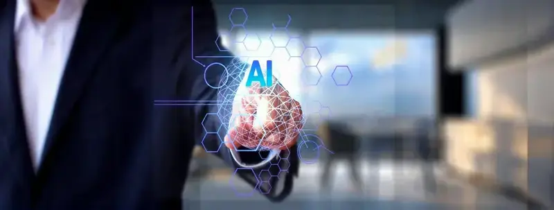 A futuristic business environment with advanced AI technology facilitating customer engagement through chat interfaces.