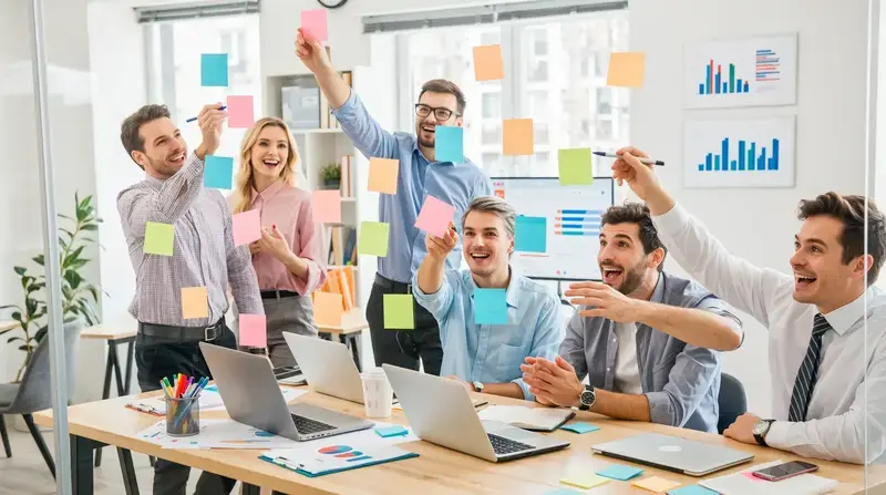 A team brainstorming with colorful sticky notes in a modern office, emphasizing the value of effective business prompts.
