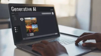 A serene workspace with a laptop and digital tools representing efficient AI content creation workflow.
